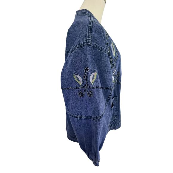 Vintage Embroidered Denim Jean Jacket Boho Chic Whimsical Artisnal Streetwear - Picture 7 of 15